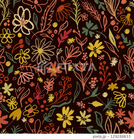 Seamless dark background autumn flowers. hand drawing. Not AI, Vector illustration 129288633