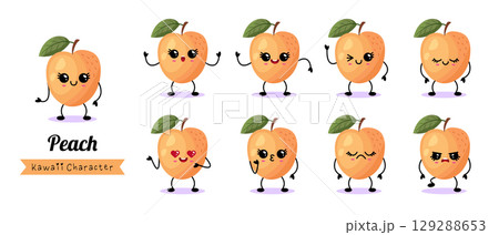 Peach kawaii characters with various expressions Peach kawaii characters with various expressions 129288653