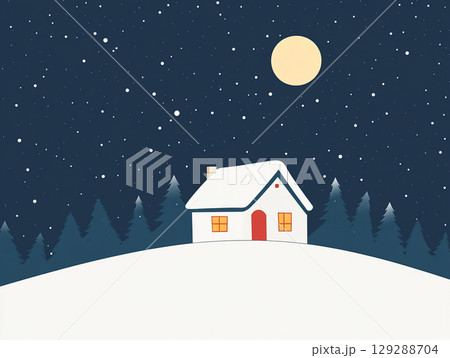 A simple cartoon illustration of a house on a snowy hill, under a starry night sky with a moon. 129288704