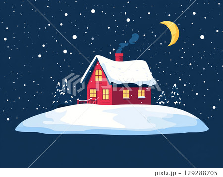 A simple cartoon illustration of a house on a snowy hill, under a starry night sky with a moon. A simple cartoon illustration of a house on a snowy hill, under a starry night sky with a moon. 129288705