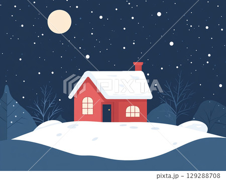 A simple cartoon illustration of a house on a snowy hill, under a starry night sky with a moon. 129288708