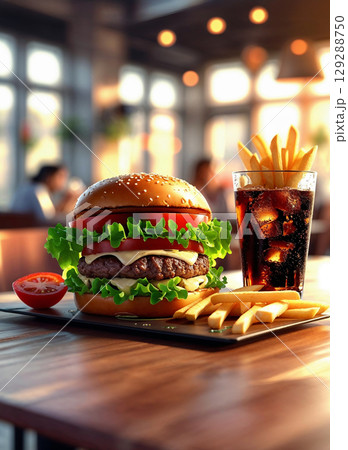 A juicy beef burger with fresh lettuce and tomato, served with golden french fries and a refreshing glass of cola with ice. An appetizing fast food combo. 129288750
