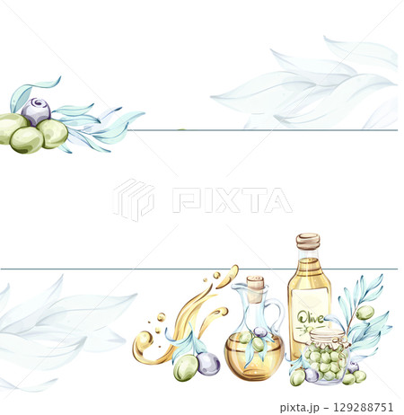 Olives and olive oil illustrated in watercolor showcasing elements of Italian cuisine and nature frame, border, arrangement 129288751