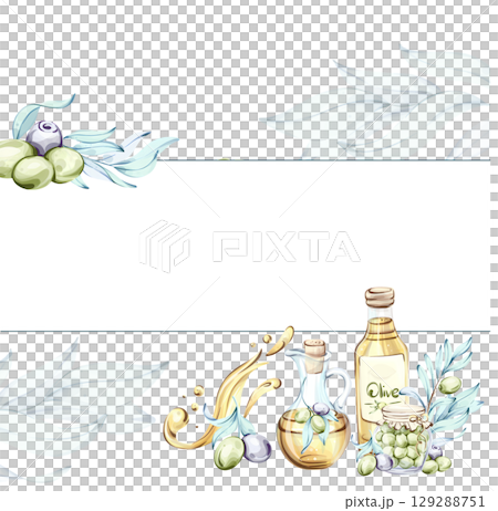 Olives and olive oil illustrated in watercolor showcasing elements of Italian cuisine and nature frame, border, arrangement 129288751