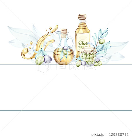 Discovering the beauty of olives and olive oil through watercolor illustrations inspired by Italian cuisine frame, border, arrangement 129288752