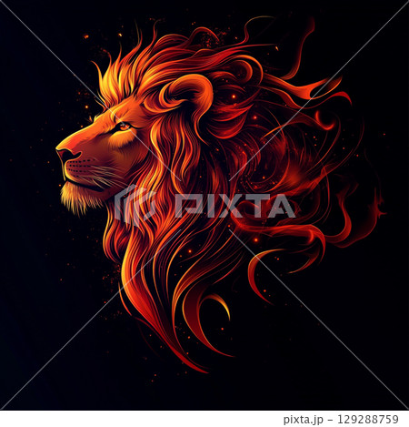 A striking graphic of a lion's head in profile, its mane a fiery cascade of orange and red against a dark background. A striking graphic of a lion's head in profile, its mane a fiery cascade of orange and red against a dark background. 129288759