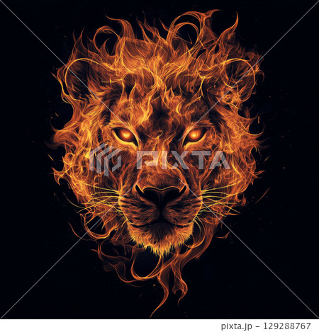 A striking graphic of a lion's head in profile, its mane a fiery cascade of orange and red against a dark background. A striking graphic of a lion's head in profile, its mane a fiery cascade of orange and red against a dark background. 129288767