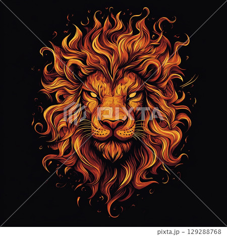 A striking graphic of a lion's head in profile, its mane a fiery cascade of orange and red against a dark background. A striking graphic of a lion's head in profile, its mane a fiery cascade of orange and red against a dark background. 129288768