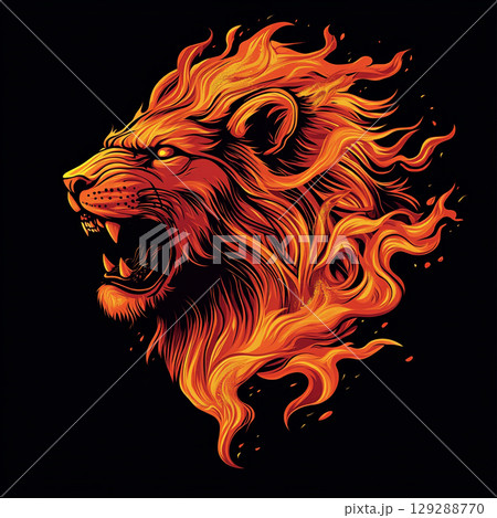 A striking graphic of a lion's head in profile, its mane a fiery cascade of orange and red against a dark background. A striking graphic of a lion's head in profile, its mane a fiery cascade of orange and red against a dark background. 129288770