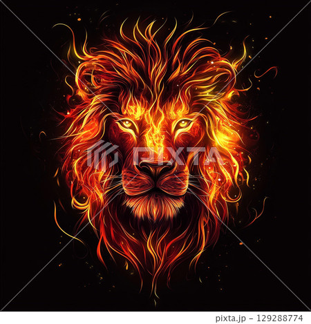 A striking graphic of a lion's head in profile, its mane a fiery cascade of orange and red against a dark background. 129288774