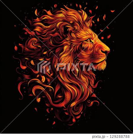 A striking graphic of a lion's head in profile, its mane a fiery cascade of orange and red against a dark background. A striking graphic of a lion's head in profile, its mane a fiery cascade of orange and red against a dark background. 129288788