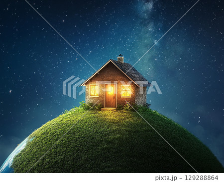 A tiny, cozy house with glowing windows sits atop a grassy hill on a small Earth, floating in a starry, celestial space. 129288864