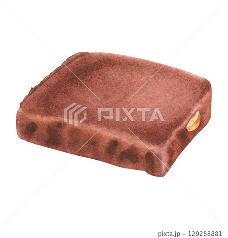 Dark or milk chocolate rectangular piece. Hand drawn watercolor illustration of cocoa sweet dessert on isolated background. Confectionery product for packaging, kitchen, menu, restaurants designs. 129288881
