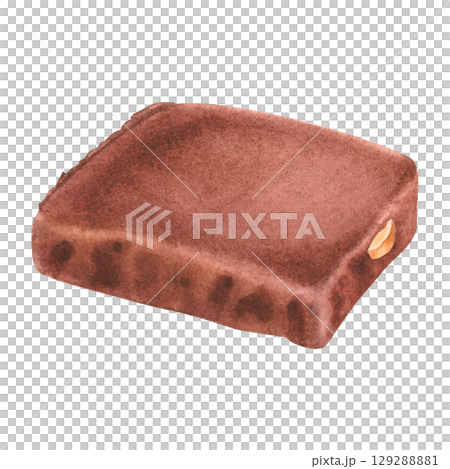 Dark or milk chocolate rectangular piece. Hand drawn watercolor illustration of cocoa sweet dessert on isolated background. Confectionery product for packaging, kitchen, menu, restaurants designs. 129288881