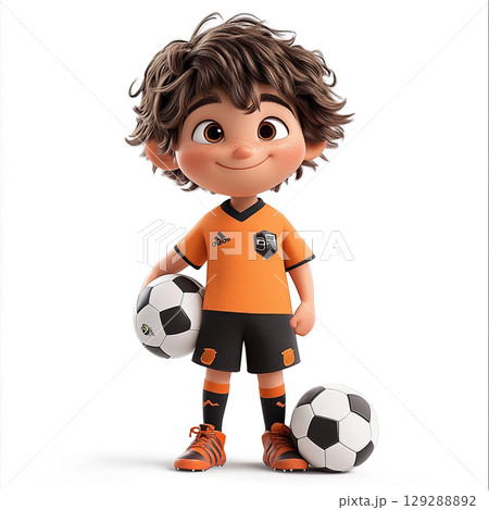 A friendly, smiling 3D cartoon boy with brown hair with his soccer ball. He is wearing a soccer jersey and a pair of soccer boots. 129288892