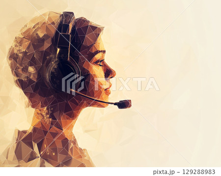 A low-poly, triangular-faceted illustration of a woman's head wearing a headset with a microphone, suggesting a focus on communication and support. 129288983