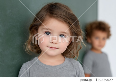 A young child standing near a chalkboard, wearing a gray t-shirt. 129289027