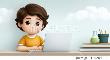 A child is seated at a desk with a laptop, books, and a plant, embodying the concept of learning 129289092