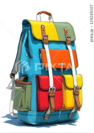 A colorful backpack with multiple compartments and sturdy straps A colorful backpack with multiple compartments and sturdy straps 129289107