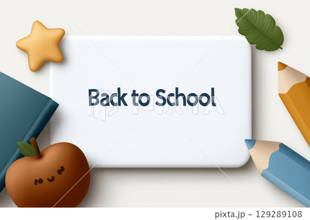 Back-to-school themed illustration featuring a book, pencils, a star, a leaf, and a smiling apple Back-to-school themed illustration featuring a book, pencils, a star, a leaf, and a smiling apple 129289108