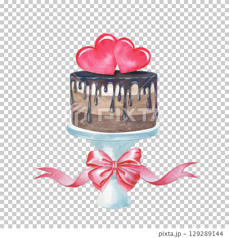 Watercolor wedding cake with chocolate icing on a stand. An illustration of a festive dessert with a pair of hearts and a pink ribbon on a white background. A template for invitations, postcards Watercolor wedding cake with chocolate icing on a stand. An illustration of a festive dessert with a pair of hearts and a pink ribbon on a white background. A template for invitations, postcards 129289144