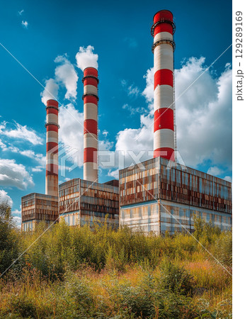 A large power plant with four red and white chimney towers stands against the blue sky, surrounded by lush green vegetation. 129289169