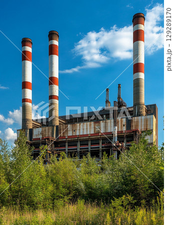 A large power plant with four red and white chimney towers stands against the blue sky, surrounded by lush green vegetation. 129289170