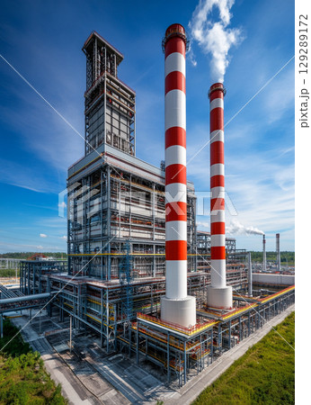 A large power plant with four red and white chimney towers stands against the blue sky, surrounded by lush green vegetation. 129289172