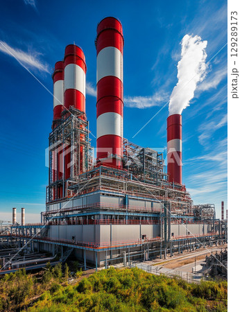 A large power plant with four red and white chimney towers stands against the blue sky, surrounded by lush green vegetation. 129289173