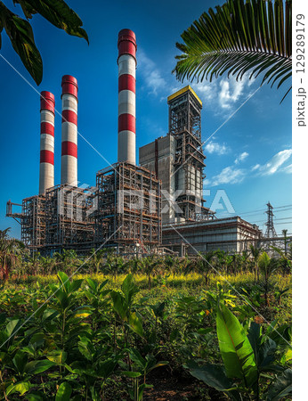 A large power plant with four red and white chimney towers stands against the blue sky, surrounded by lush green vegetation. 129289179