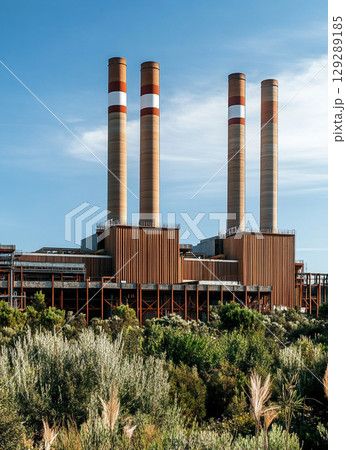 A large power plant with four red and white chimney towers stands against the blue sky, surrounded by lush green vegetation. 129289185