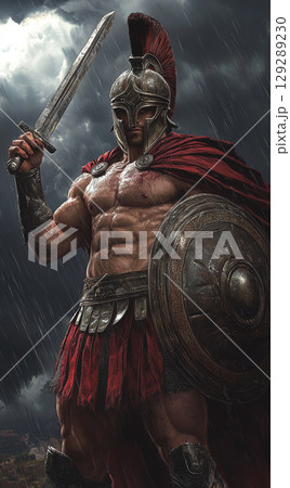 A muscular warrior in ancient armor stands in the rain, holding a sword and shield, with a red cape and helmet plume, against a stormy sky backdrop. 129289230