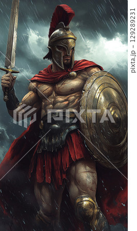 A muscular warrior in ancient armor stands in the rain, holding a sword and shield, with a red cape and helmet plume, against a stormy sky backdrop. A muscular warrior in ancient armor stands in the rain, holding a sword and shield, with a red cape and helmet plume, against a stormy sky backdrop. 129289231