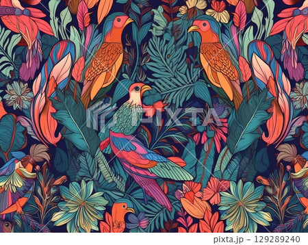 Vibrant bird with multicolored feathers among lush tropical leaves, creating an eye-catching and exotic scene. 2D style illustration.  129289240