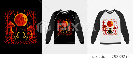 A mystical t-shirt design featuring a meditating figure in a forest under a full moon. 129289259