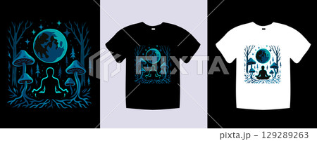 Mystical t-shirt design featuring a meditating figure under a full moon and glowing mushrooms in a magical forest setting. 129289263