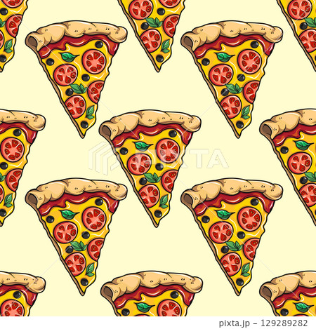 Cartoon pizza slices create a colorful and delicious seamless pattern for design. Cartoon pizza slices create a colorful and delicious seamless pattern for design. 129289282