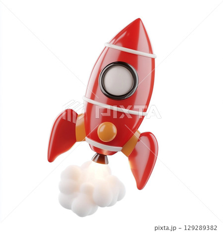 A red color 3D toy rocket with white smoke coming out its tail, flying in the air. White background.  129289382