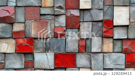 A close-up view of a stone wall made of variously shaped and colored stones, showcasing a rustic and textured appearance. 129289413