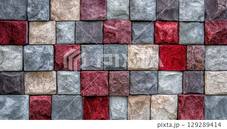 A close-up view of a stone wall made of variously shaped and colored stones, showcasing a rustic and textured appearance. 129289414