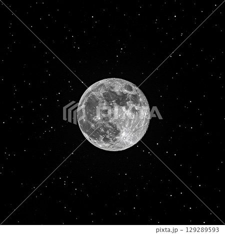 Full Moon Over Night Sky with Stars Glowing Brightly in Black and White Photography 129289593