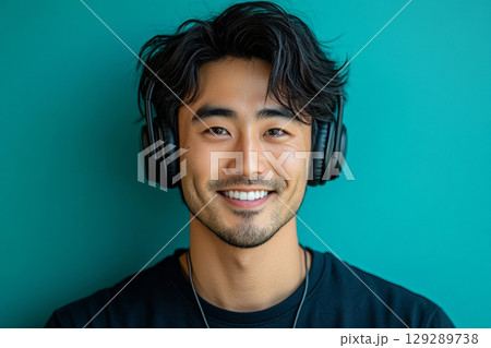 A smiling Asian male with headphones embodies the concept of enjoying life, radiating happiness and positivity in a vibrant and modern mint lifestyle portrait 129289738