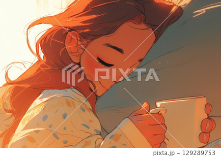 A child gently comforts their tired parent, offering a cup of tea as a gesture of love and support 129289753