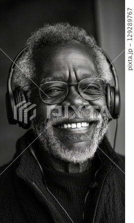Close-up of an elderly Afroamerican man in headphones, monochrome white and black backdrop, minimalist look, stylish and fresh 129289767