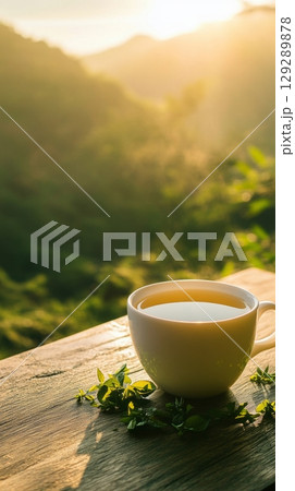 This serene close-up showcases a white cup of black tea on a rustic wood table, illuminated by golden sunlight and accompanied by delicate green petals This serene close-up showcases a white cup of black tea on a rustic wood table, illuminated by golden sunlight and accompanied by delicate green petals 129289878