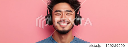 The image features an Asian male with headphones, exuding a sense of contentment and joy, celebrating the simple pleasures of life and the power of music, banner 129289900