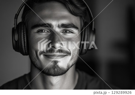 A smiling European male with headphones embodies the concept of enjoying life against a monochrome background, creating a cheerful and vibrant mock-up perfect for lifestyle themes 129289926