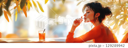 A relaxed woman smoking at an outdoor cafe, in casual fashion, surrounded by nature and soft sunlight, with a carefree expression and smoke drifting in the breeze, banner 129289942