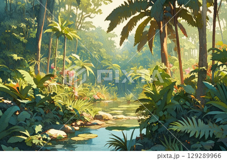 A serene tropical jungle trail, winding through lush undergrowth with palm trees, orchids, and ferns, sunlight filtering through the canopy, creating a peaceful, tranquil atmosphere 129289966