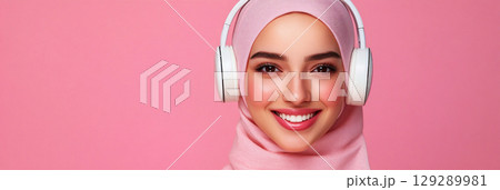 A relaxed, smiling Arab girl with headphones stands in front of a pastel pink background, showcasing a chic and simple minimalist mock-up design, banner 129289981
